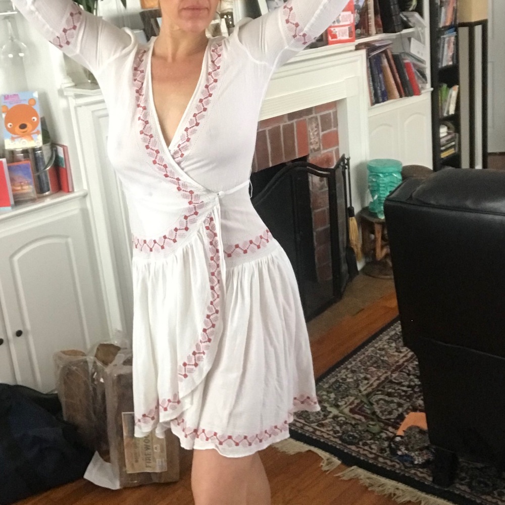 French Connection long slv embroidered wrap dress
